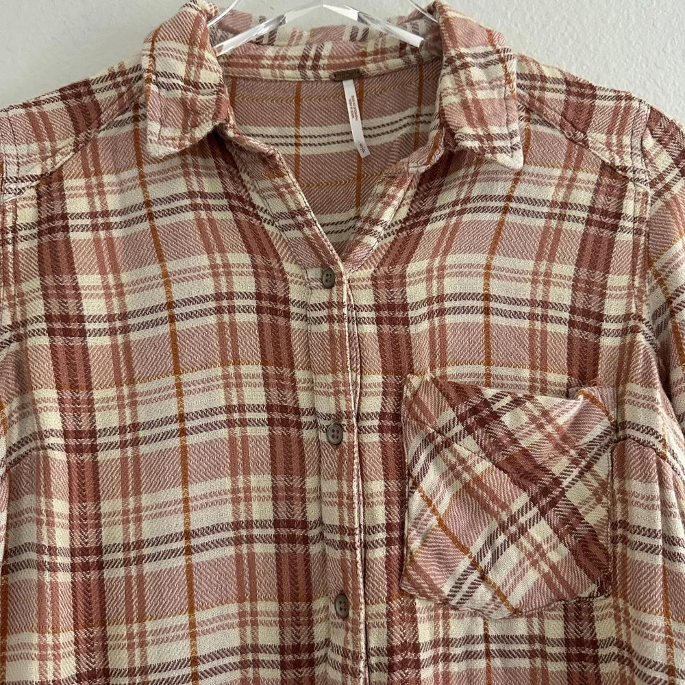 Free People Plaid Button Up Shirt Womens Small Pink Cream Orange Long Sleeve